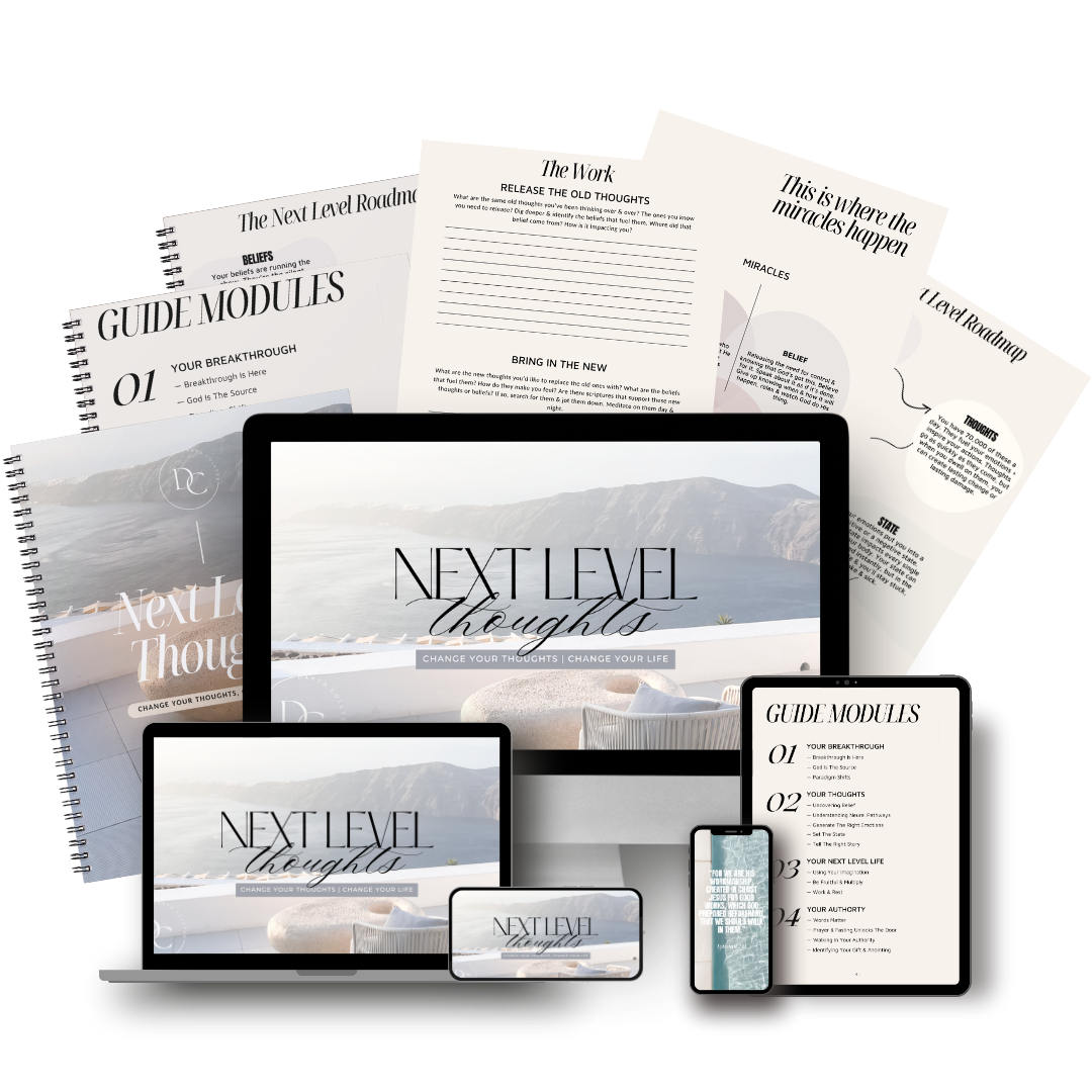 Next Level Thoughts guide displayed across desktop, tablet, phone, and printed workbook